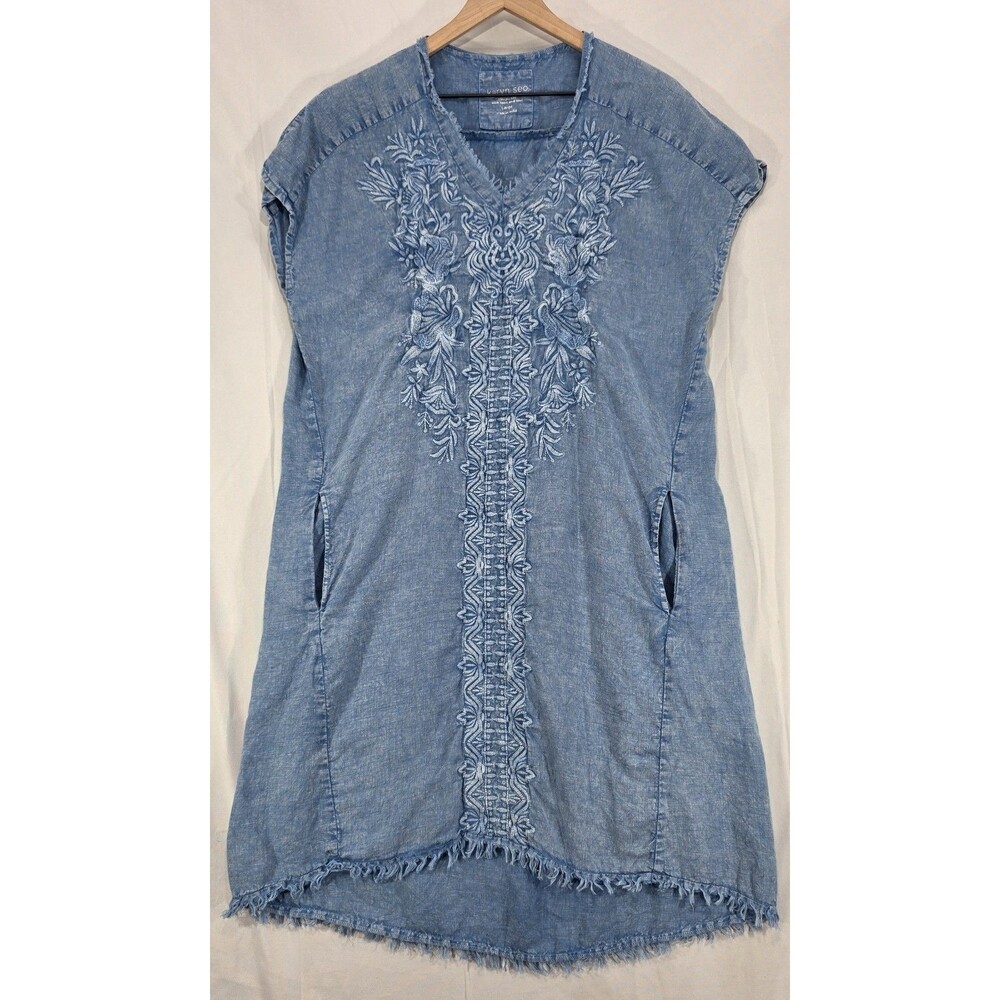 Karyn Seo Linen Chambray Dress L Boho Embroidered Frayed Pockets Beach Lagenlook